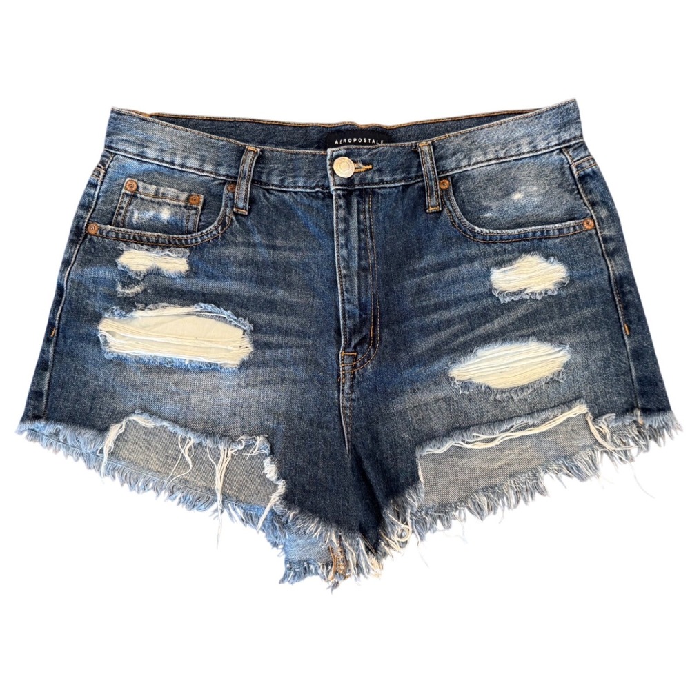 Aeropostale High Rise Shorty Distressed Denim Jean Shorts Medium Wash Womens 10